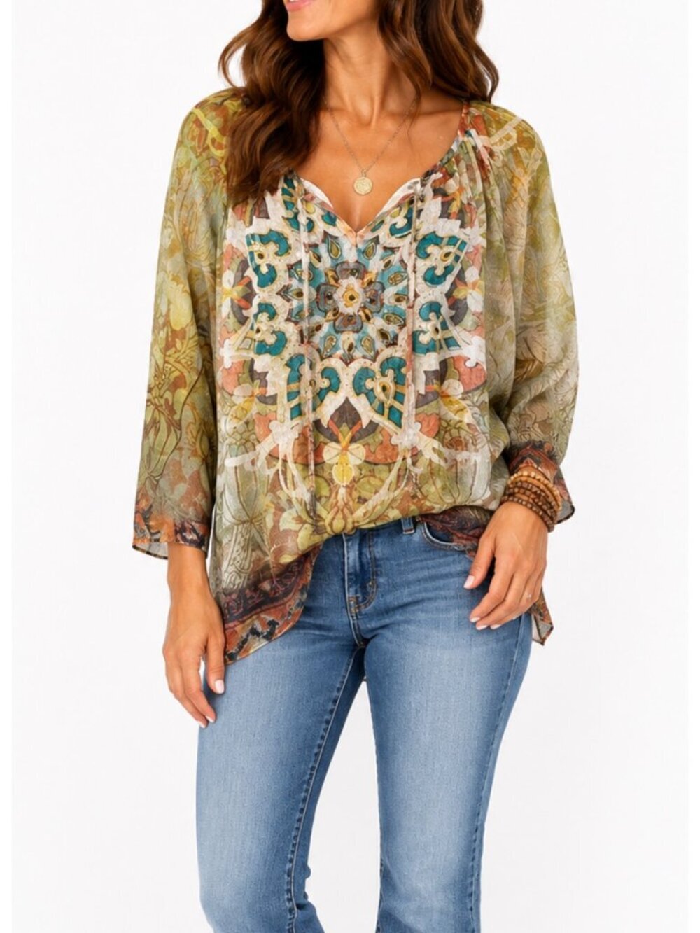 Dress barn Colorful Geometric Print Blouse, Split Neck with tassel ties